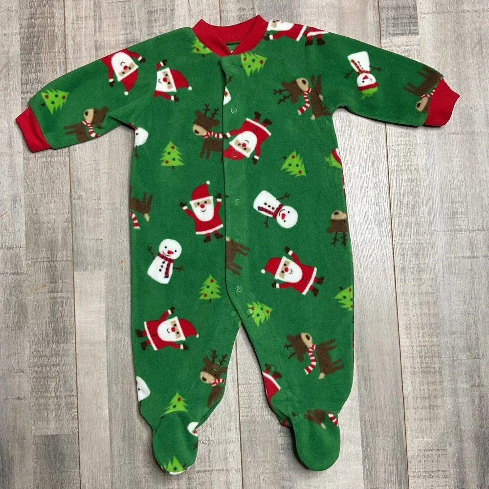 Carters Baby 3M Green Fleece Christmas Santa Snowman Reindeer Footed Pajamas